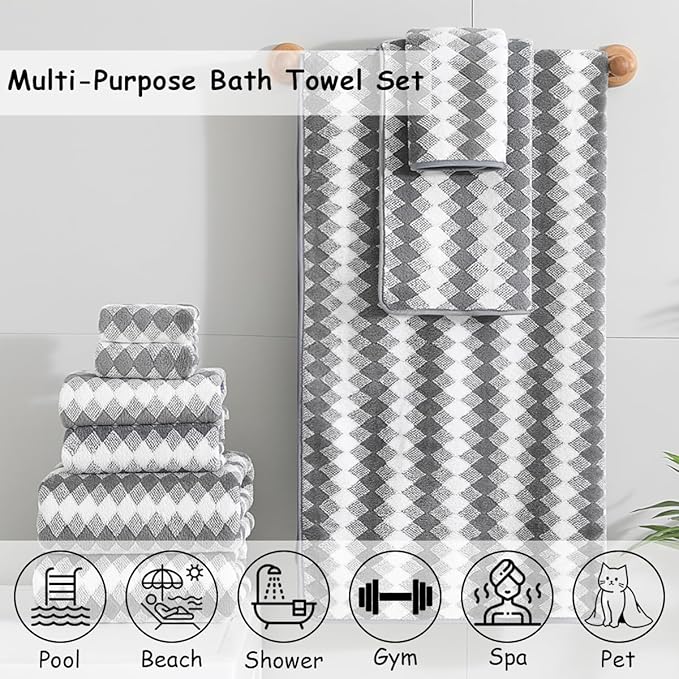 12 Pcs Gray White Diamond Towel Set-4 Bath Towels,4 Hand Towels,4 Washcloths Soft Polyester Towels with Loop Absorbent Shower Towel Quick Dry Beach Chair Towel Family Towels for Bathroom Spa Gym Pool