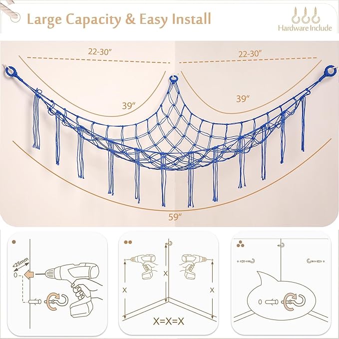 Stuffed Animals Hammock Corner Hanging Net for Macrame Stuffed Animal Storage Plush Toy Holder Toy Organizer for Boho Nursery Playroom Bedroom Kids Room Decor (blue, Large)