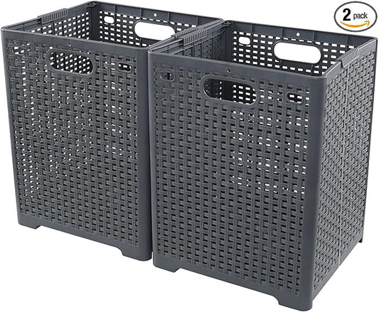 40 L Plastic Collapsible Laundry Hamper, Plastic Dirty Clothes Basket, Gray, Pack of 2