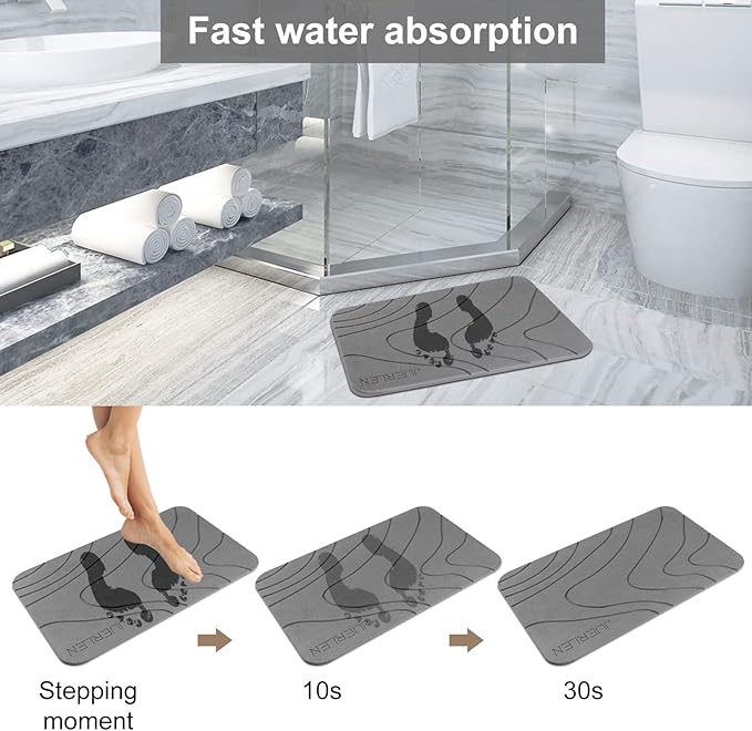 2 Pack Diatomaceous Earth Shower Mat, Stone Bath Mat, Nonslip Super Absorbent Fast-Drying Hard Bath Mat for Bathroom Shower Floor, 24 x 16 inch, Grey Wave Design