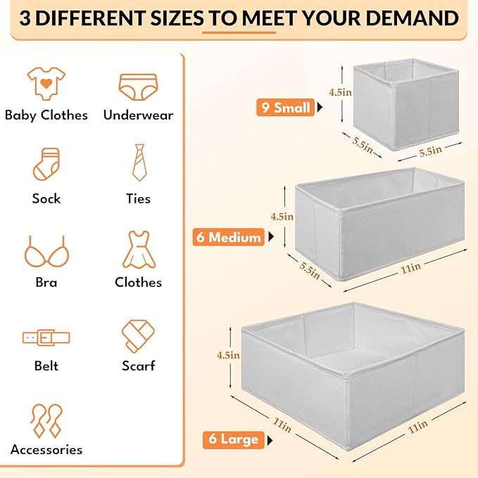 Drawer Organizer Clothes, 21 Pack Dresser Organizer for Baby Clothes, Underwear, Socks, 3 Sizes Foldable Closet Organization and Storage Bins for Nursery, Bedroom (Grey)