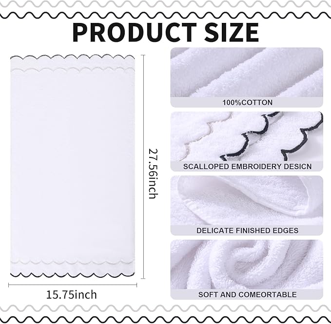 2 Pcs 100% Cotton Bath Towels for Bathroom 16 * 27 Inch Scalloped Bath Towels Embroidered Decorative 600 GSM Soft Absorbent Bath Towel for Bathroom Hotel Spa Sport Yoga (Gray and Black)