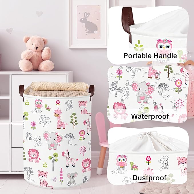 Clastyle Cute Forest Animal Laundry Basket Elephant Lion Kids Clothes Book Storage Basket Gift Toy Box for Bedroom Decor,Pink,36x45 cm