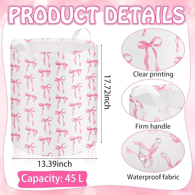 Coquette Pink Bow Laundry Basket Pink Bow Nursery Laundry Basket Hamper Waterproof Collapsible Storage Bin Organizer for Bedroom Bathroom Room Dorm Clothes Toys