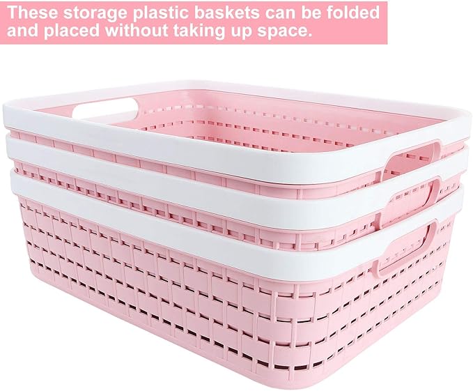 CertBuy 3 Pack Plastic Storage Baskets 14 x 10 x 4.5 Inch, Large Weave Storage Bins with Handle for Cabinet, Shelf, Kitchen, Bedroom, Bathroom and office – Pink