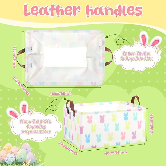 3 Pack Easter Storage Baskets Waterproof Canvas with Leather Handles Bunny Basket Box Collapsible Storage Bins Box for Closet Toys Clothes Room Decor Gift Basket