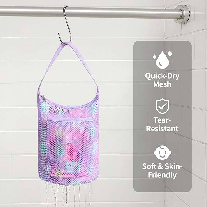 Kids Mesh Shower Caddy - Small Portable Toiletry Tote Bag for Camp Dorm Gym, Quick Dry Hanging Organizer with Zipper Pocket, Purple Mermaid