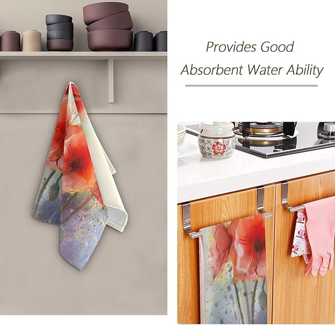 2 Pcs Vintage Flower Red Poppy Hand Towels for Bathroom,Soft Absorbent Retro Watercolor Floral Farmhouse Dish Towels for Kitchen,Quick Dry Decorative Bathroom Towels for Face,Shower 14"x28"