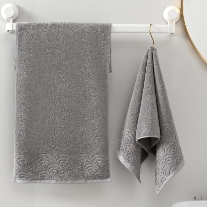 Grey Hand Towels Highly Absorbent 100% Cotton Ultra Soft Rippled Textured Edge Terry Decorative Hand Towel for Bathroom 13 X 29 inch, 2 Piece