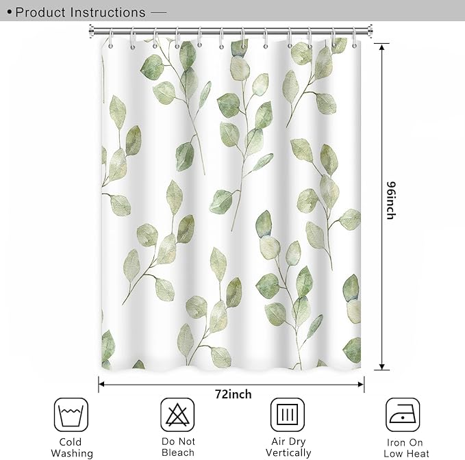Green Eucalyptus Leaves Bathroom Shower Curtain Nature Plants Watercolor Leaf Shower Curtain with Hooks Polyester Waterproof Fabric Aesthetics Home Decor, 72x96 Inch