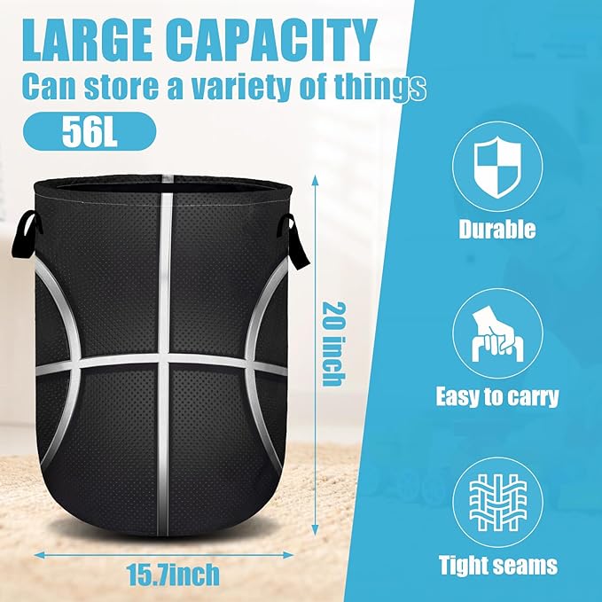 Cool Basketball Laundry Basket, Sport Ball Laundry Hamper Collapsible Oxford Cloth with Handle Clothes Toy Storage Bin for Bathroom Laundry Room Bedroom 15.7 X 20 Inch