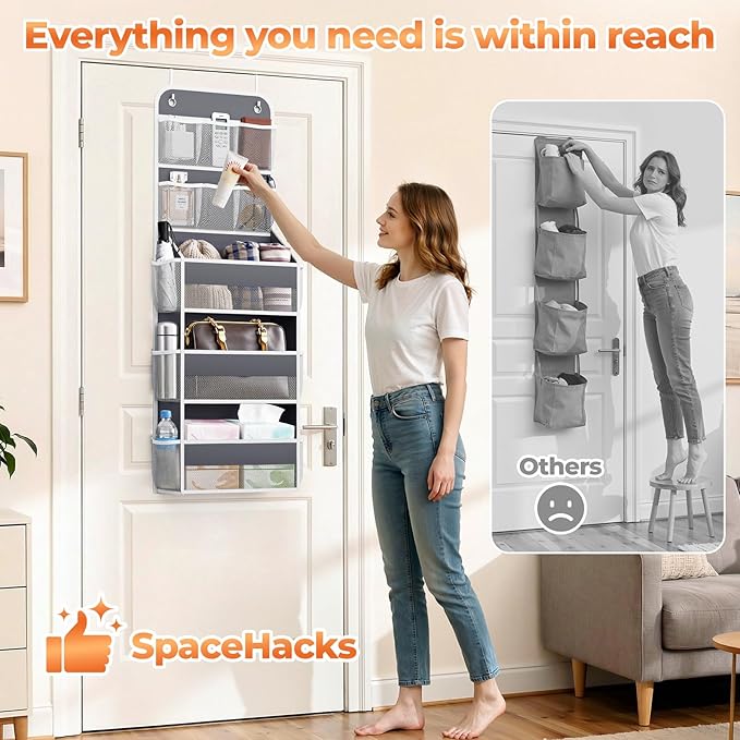 5-Tier Over The Door Organizer with Mesh Pockets, Baby Nursery Storage for Closet, Bathroom and Bedroom, Adjustable Hanging Closet Organizer for Cosmetics, Books and Essentials（Dark Grey）