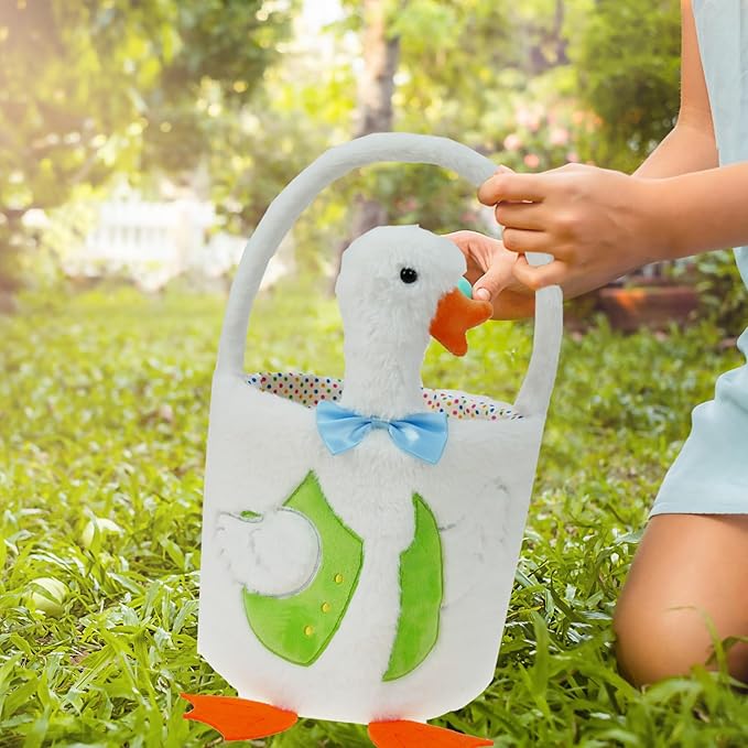 DearSun Exquisite Embroidery ! Personalized Plush Goose Basket Easter Egg Hunting Basket Easter Basket with Embroidery Name (Plush White Goose)