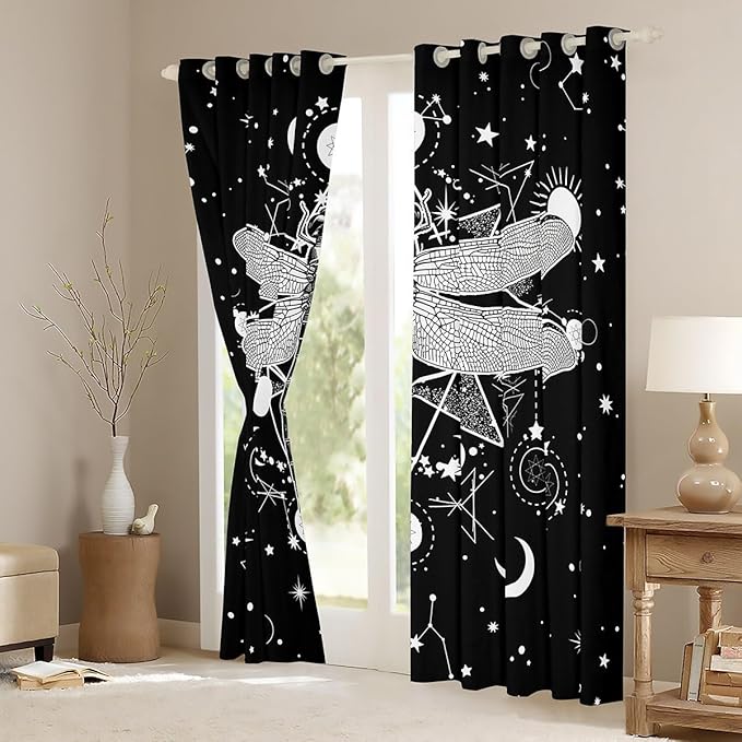 Gothic Moth Shower Curtain,Galaxy Sun and Moon Constellation Boho Style Skull Skeleton Bath Curtain for Kids Bathtubs Decor,Halloween Black White Waterproof Shower Curtain 72" Wx72 L