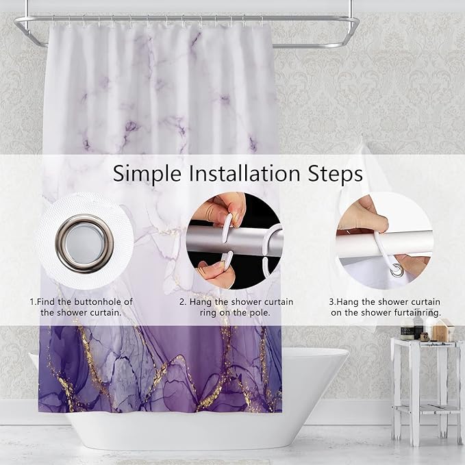Abstract Marble Bathroom Shower Curtain Purple Gradient Watercolor Waterproof Polyester Shower Curtains Modern Luxury Artistic Aesthetic Shower Curtain with Hooks Decorative, 48x72 Inch