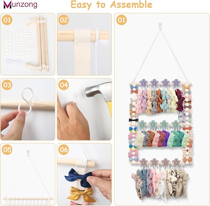 Munzong Headband Holder,Beige Bow Organizer for Baby Girls, Nursery Wall Hanging Clip Storage w/ 30 Hooks, Hair Accessories Organizer Rack Shelf for Toddler Kids Room Decor 15x20inch