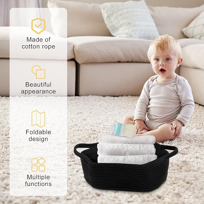 Portable Rope Baskets Small Woven Basket with Bags Baby Toy Basket with Handles Soft Woven Basket for Storage ZHAZHAMO(black)