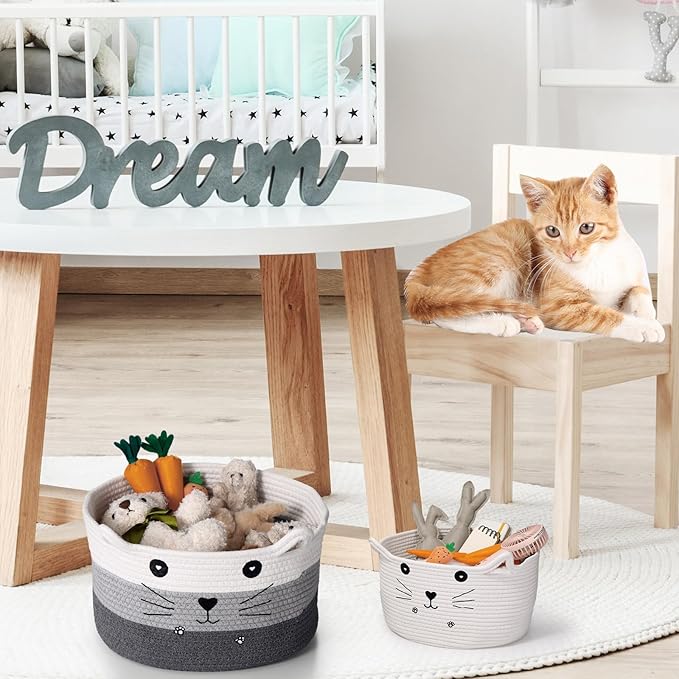 Zopeal Cat Basket Storage Woven Organizer with Ears Christmas Decorative Pet Toy Cute Cotton Rope Basket for Gift Cat Dog Toy Bin Nursery Room(13.7 x 7.8 Inch,White, Light Gray, Dark Gray)