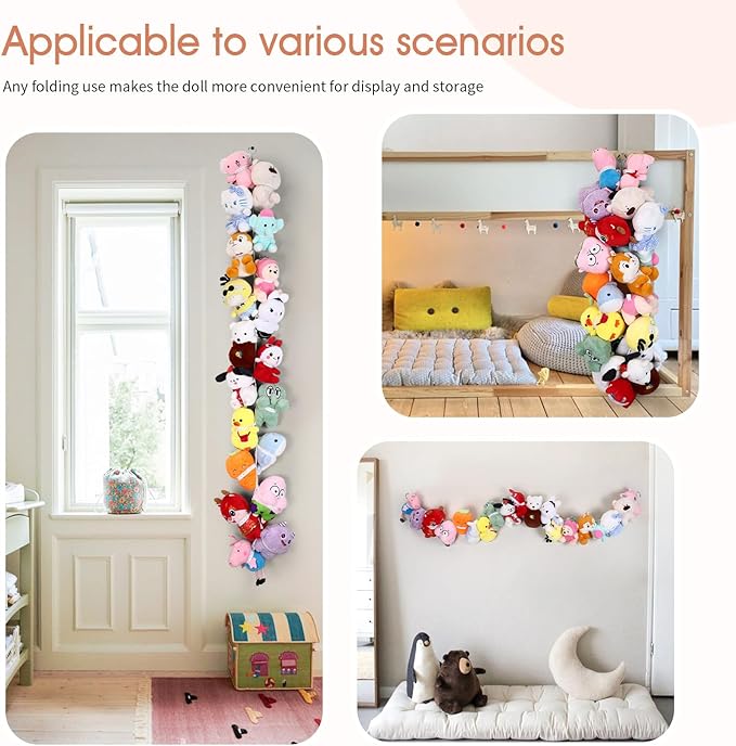 POVETIRE Stuffed Animal Storage Chain, 80 Inch Elastic Band Hanging Storage, White Cotton Stuffed Animal Display for Bedroom Nursery Corner Curtain Rod