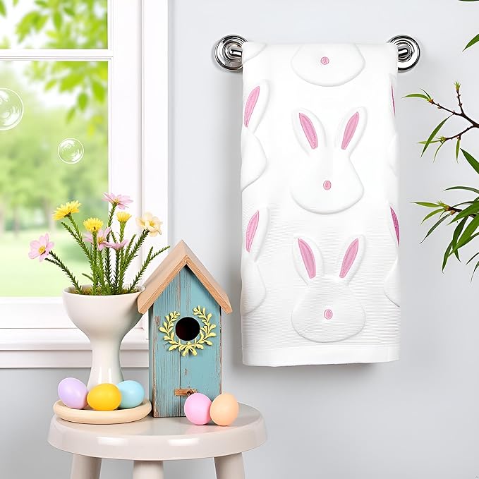 2pcs Easter Bunny Hand Towels Set 100% Cotton Soft Absorbent Spring Bathroom Hand Towels 14x29 Inch Cute Jacquard Easter Kitchen Decor Towels Holiday Kitchen Bathroom Decor Gift(White)