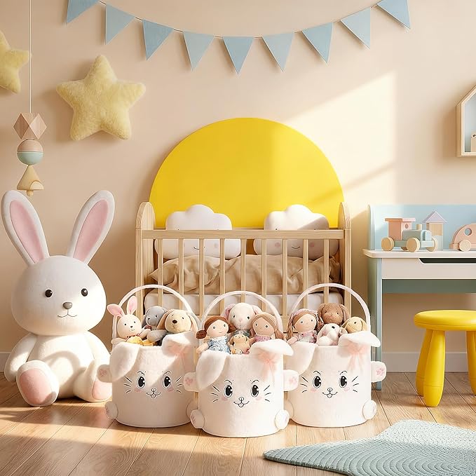 Mimorou 3 Pack Plush Bunny Easter Basket Sherpa Easter Bucket with Rabbit Ears Decorative Bow Large Bunny Tote Bags Ideal for Egg Hunt, Party Favors, Decorations & Storage(White)