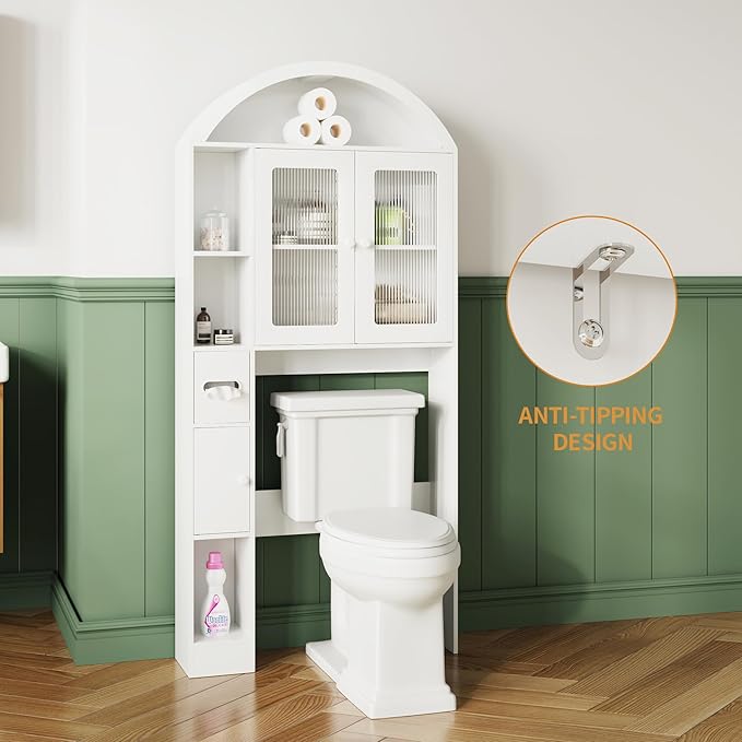 Over The Toilet Storage Cabinet, Bathroom Shelf Over Toilet, Bathroom Organizer and Storage Cabinet,Over Toilet Bathroom Organizer with 2 Doors, Paper Holder and Racks, Bathroom Decor (White-02)
