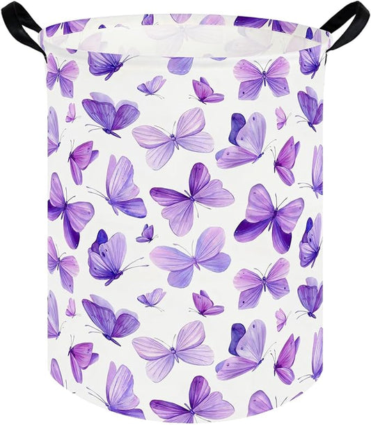 Butterfly hamper,Purple Laundry Basket,Baby Nursery Hamper,Waterproof foldable girls toy storage box,Dirty Clothes Hampers,Flower house decor(Purple Butterflies)