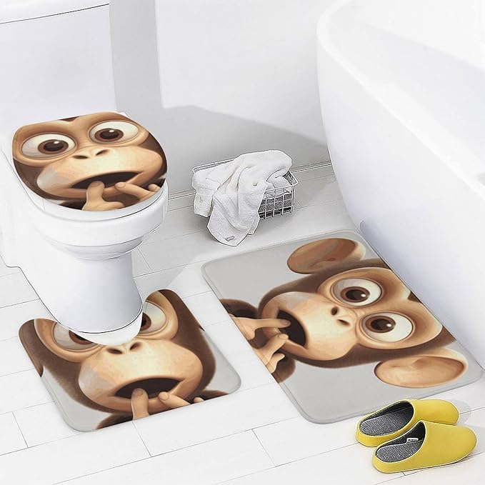 4 Piece Bathroom Rug Set with Shower Curtain, Non-Slip Bath Mat Toilet Cover Set, The Silent Monkey Bathroom Rug Sets