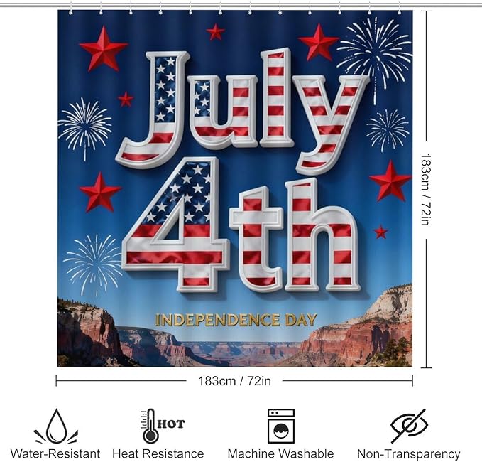 4 Piece Bathroom Rug Set with Shower Curtain, Non-Slip Bath Mat Toilet Cover Set, Independence Day Bathroom Rug Sets