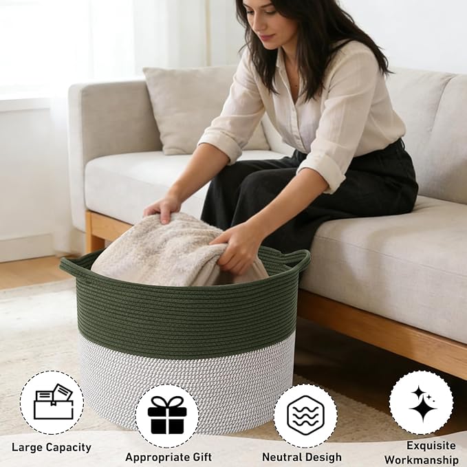 115L Large Blanket Basket,23.6" L x 23.6" W x 15.7" H Rope Woven Baskets with Handles, Toys Storage Bins,Laundry Basket Perfect for Living Room, Nursery,Bedroom,Home Organization,Green&White