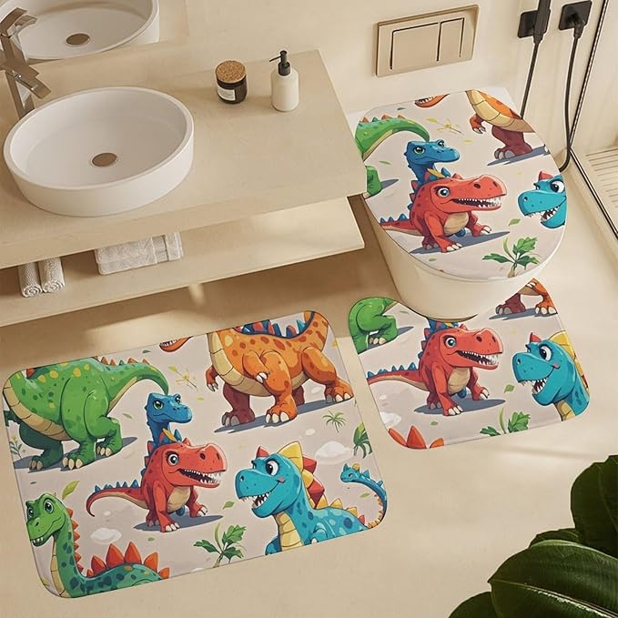 4 Piece Bathroom Rug Set with Shower Curtain, Non-Slip Bath Mat Toilet Cover Set, Cartoon Dinosaur Bathroom Rug Sets