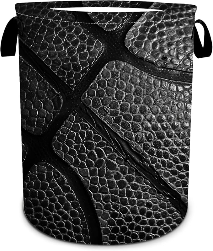 Basketball Texture Black Laundry Basket, Basketball Stripes Laundry Hamper Foldable Waterproof Tote Bag Dirty Clothes Storage Bucket Toy Organizer for Bathroom/Laundry/Bedroom 15.7"x19.6"