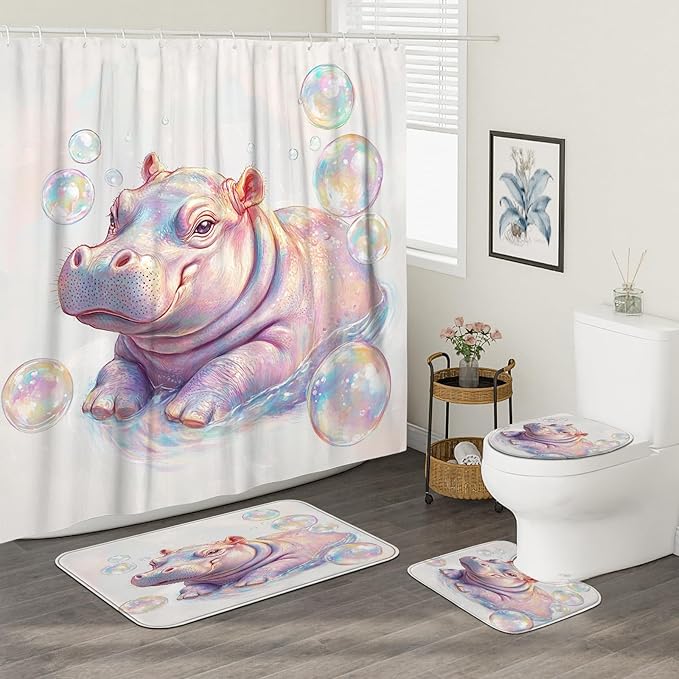 4PCS Funny Cute Hippos Bathroom Accessory Sets with Non-Slip Rug, U Shape and Toilet Lid Cover Mat, Bubble Sea Ocean Underwater Bathroom Fabric Decor-72''x72''
