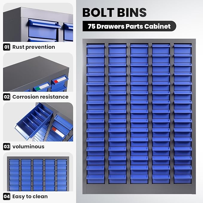 75-Drawer Nut and Bolt Organizer, Small Parts Organizer with Alloy Steel Frame & ABS Drawers, Bolt Bin for Garage, Teacher Toolboxes, Makeup & Workshop, Tool Hardware Storage (75-grid Drawer)