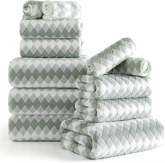 12 Pcs Green White Diamond Towel Set-4 Bath Towels,4 Hand Towels,4 Washcloths Soft Polyester Towels with Loop Absorbent Shower Towel Quick Dry Beach Chair Towel Family Towels for Bathroom Spa Gym Pool