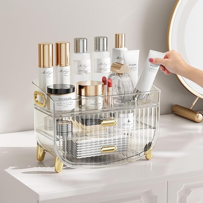 LAMU Makeup Organizer With 2 Drawers, Bathroom Storage With Four Non-Slip Feet And Dust-Proof, Simple And Stylish For Desktop, Vanity, Bathroom Countertops, Clear, Ideal Christmas Gifts for Girls