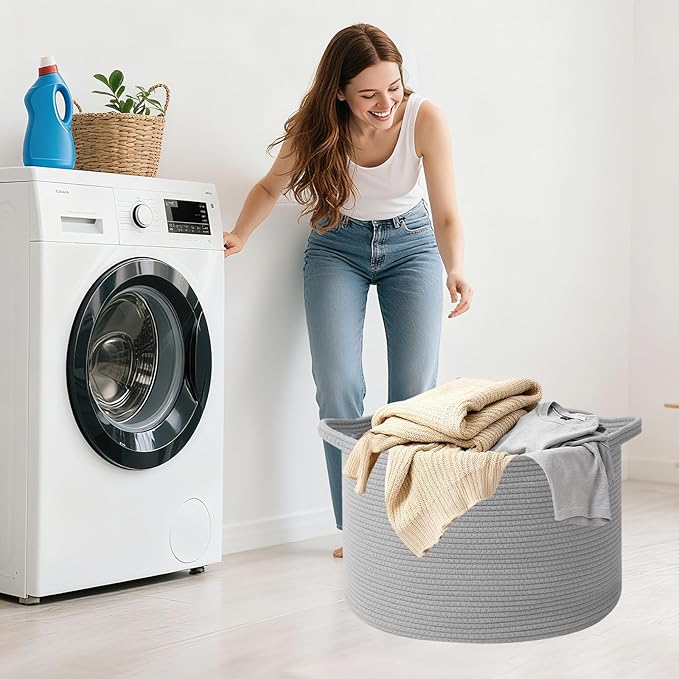115L Large Blanket Basket,23.6" L x 23.6" W x 15.7" H Rope Woven Baskets with Handles, Toys Storage Bins,Laundry Basket Perfect for Living Room, Nursery,Bedroom,Home Organization,Light Gry