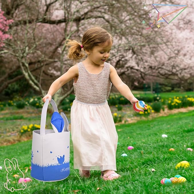 2 Pack Easter Bunny Baskets for Kids - Easter Basket Bags with Handles, Canvas Rabbit Tote Bags for Easter Egg Hunts, Party Gifts, and Storage (Empty) (Pink+Blue)
