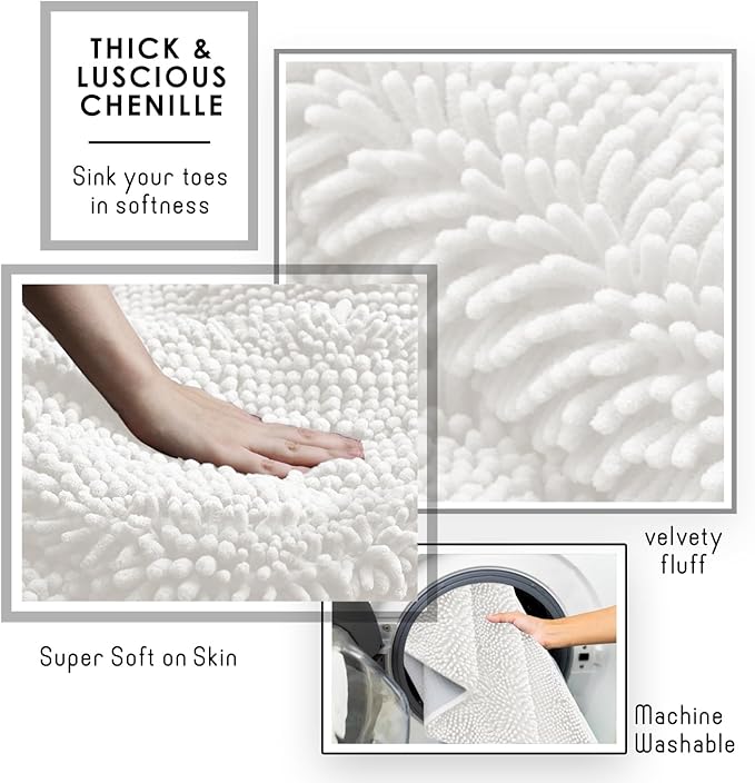 Hearth & Harbor Bathroom Rugs, Chenille Bath Mat - Machine Washable Bath Mats for Bathroom Non-Slip Backing Rubber, Quick Dry Bathroom Mat - White 17x24-20x24