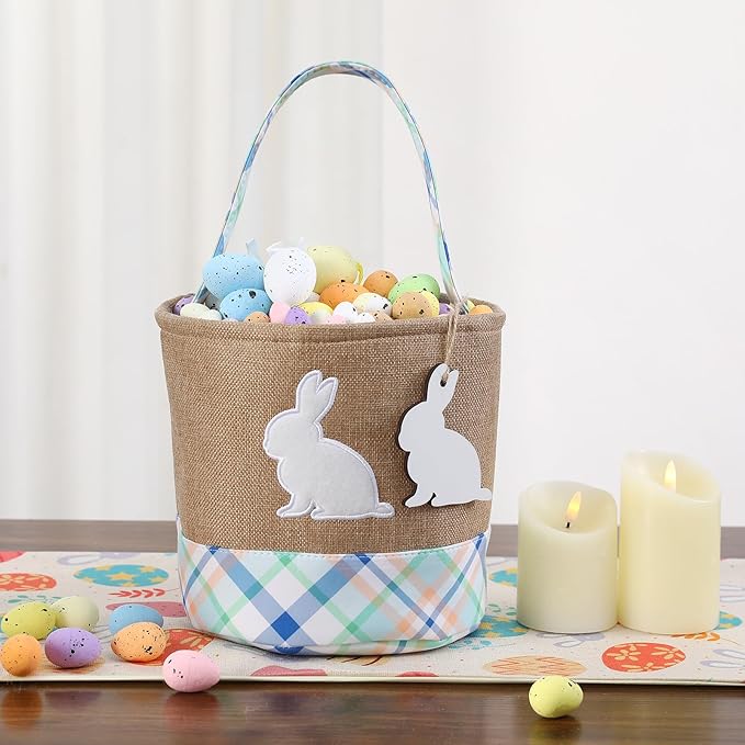 Easter Basket – Bunny Basket with DIY Blank Wooden Bunny Tag for Kids, Boys, Girls, Easter Egg Hunt, Candy Gift Storage (Bule)