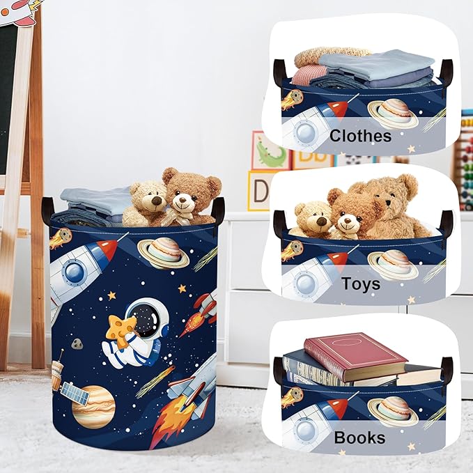Space Rockets Laundry Hamper Cartoon Astronaut Large Storage Basket Planet Collapsible Parents Organizer Boys Clothes Toy Bins for Bedroom, Bathroom, Blue, 63L