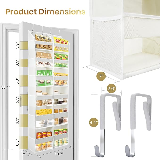 HOMELUX THEORY UPGRADED 6 Tiers Over The Door Organizer Hanging - 100D EXTRA THICK & 50lbs HUGE CAPACITY, 12 Side Mesh Pockets Over The Door Shoe Organizer, Hanging Closet Organizer (Ivory, XL)