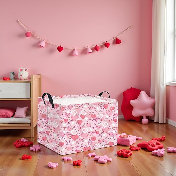 HIYAGON Rectangular Valentines Basket Baby Girl Storage Bin Pink Basket Organizer Box Heart Room Decor(Pink Heart)