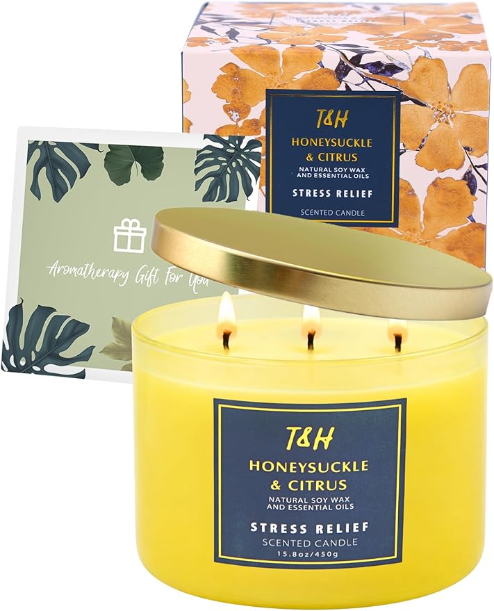Honeysuckle Citrus 3 Wick Candle for Home Scented | 15.8 oz Large Soy Candle | Lemon Citrus Floral Scented Candle Strong | Aromatherapy Stress Relief Relaxation Candles | Gift for Women & Men