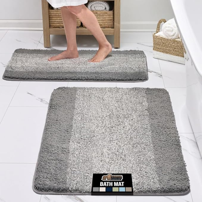 GORILLA GRIP Soft Plush Bathroom Rugs with Rubber Backing Set of 2, Absorbent Quick Dry Bath Mat, Machine Washable Shower Mats, Home Décor Accessories, Bathmat Rug Floor, 24x16 and 30x18 Grey