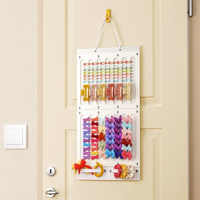 Bow Holder for Girls Hair Bows, Hair Accessories Organizer for Toddler Kids Baby Girl, Hanging Hairbow Storage Organizer Hanger Rack for Hair Stuff, Nursery Room Decor for Wall Door, Beige