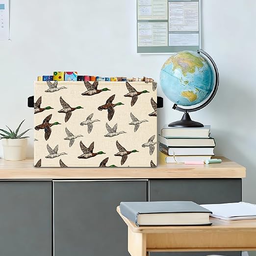 Vintage Mallard Duck Storage Bins Box with Handles, Duck Nursery Decor, Wild Flying Ducks Laundry Basket Hamper Collapsible Clothes Toys Organizer for Kids Boys Bedroom Bathroom