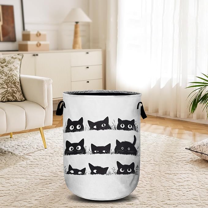 Cute Black Cat Laundry Basket, Laundry Hamper Collapsible Oxford Cloth with Handle Clothes Toy Storage Bin for Bathroom Laundry Room Bedroom 15.7 X 20 Inch