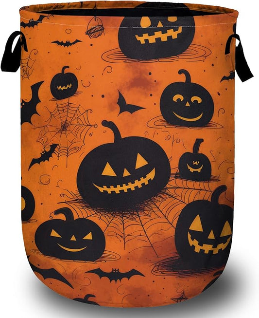 Spooky Pumpkin Laundry Basket, Halloween Laundry Hamper Collapsible Oxford Cloth with Handle Clothes Toy Storage Bin for Bathroom Laundry Room Bedroom 15.7 X 20 Inch
