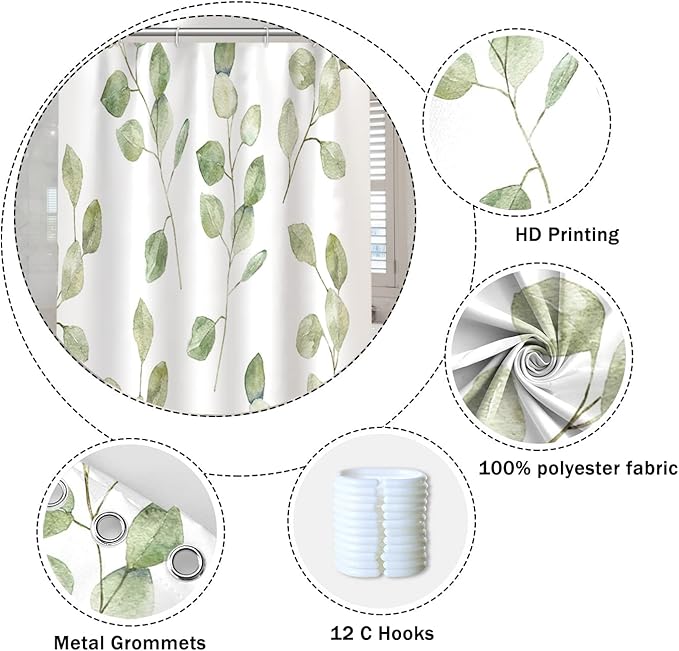 Green Eucalyptus Leaves Bathroom Shower Curtain Nature Plants Watercolor Leaf Shower Curtain with Hooks Polyester Waterproof Fabric Aesthetics Home Shower Curtain Decor Bathtub, 72x84 Inch